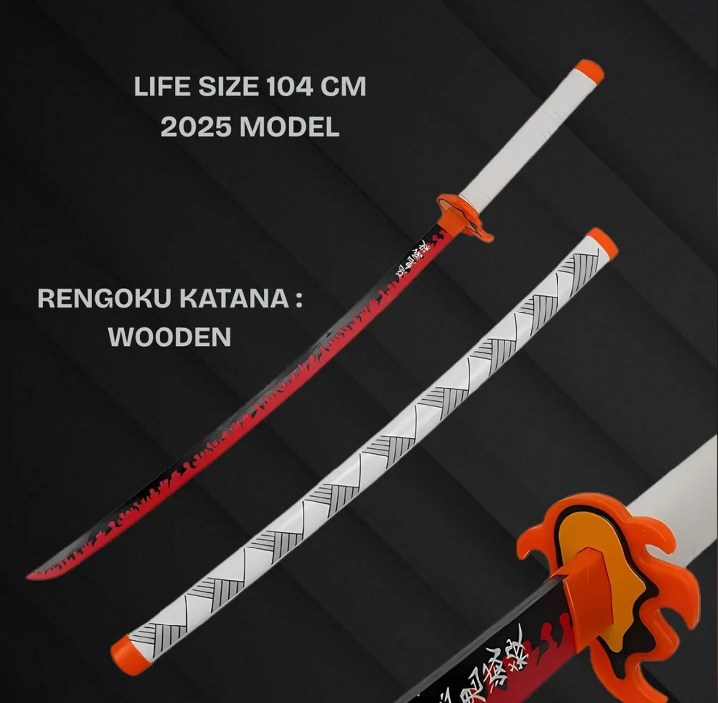 Demon Slayer Rengoku Pattern Style Wooden Katana Cosplay 104 cm Life Size Replica Katana Perfect for Anime Gift Merchandise Collectibles