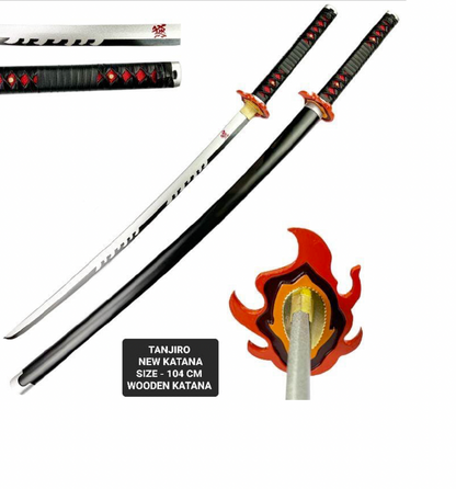 Tanjiro Kamado Wooden Sword Cosplay 104 cm Flame Nichirin Life Size Replica Katana Perfect for Anime Gift Merchandise Collectibles