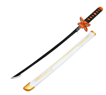 Demon Slayer Kyojuro Rengoku White Wooden Katana Cosplay 104 cm Life Size Replica Katana Perfect for Anime Gift Merchandise Collectibles