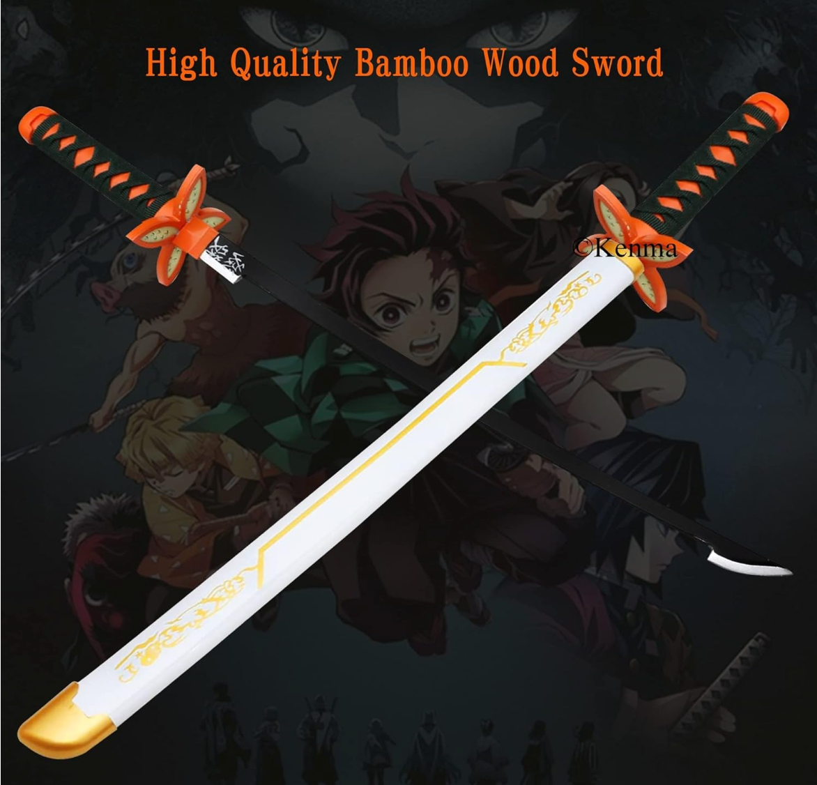 Demon Slayer Kyojuro Rengoku White Wooden Katana Cosplay 104 cm Life Size Replica Katana Perfect for Anime Gift Merchandise Collectibles