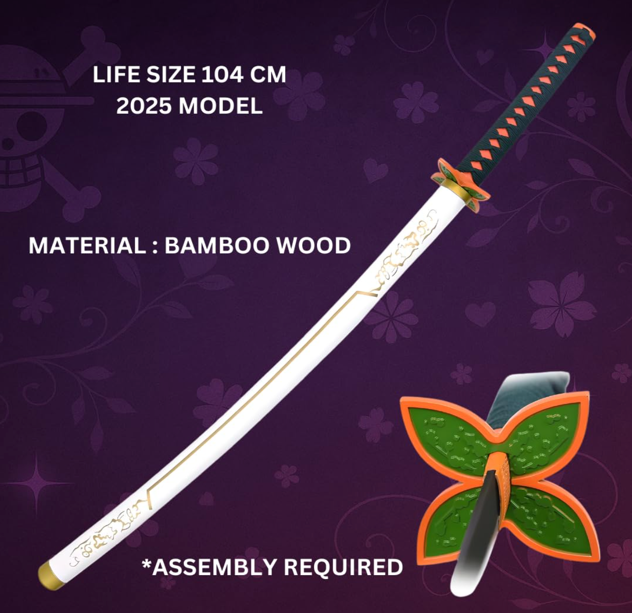 Demon Slayer Kyojuro Rengoku White Wooden Katana Cosplay 104 cm Life Size Replica Katana Perfect for Anime Gift Merchandise Collectibles