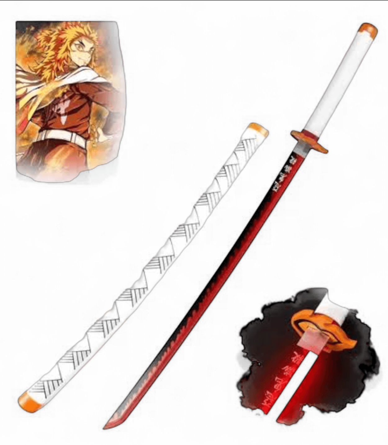 Demon Slayer Rengoku Pattern Style Wooden Katana Cosplay 104 cm Life Size Replica Katana Perfect for Anime Gift Merchandise Collectibles